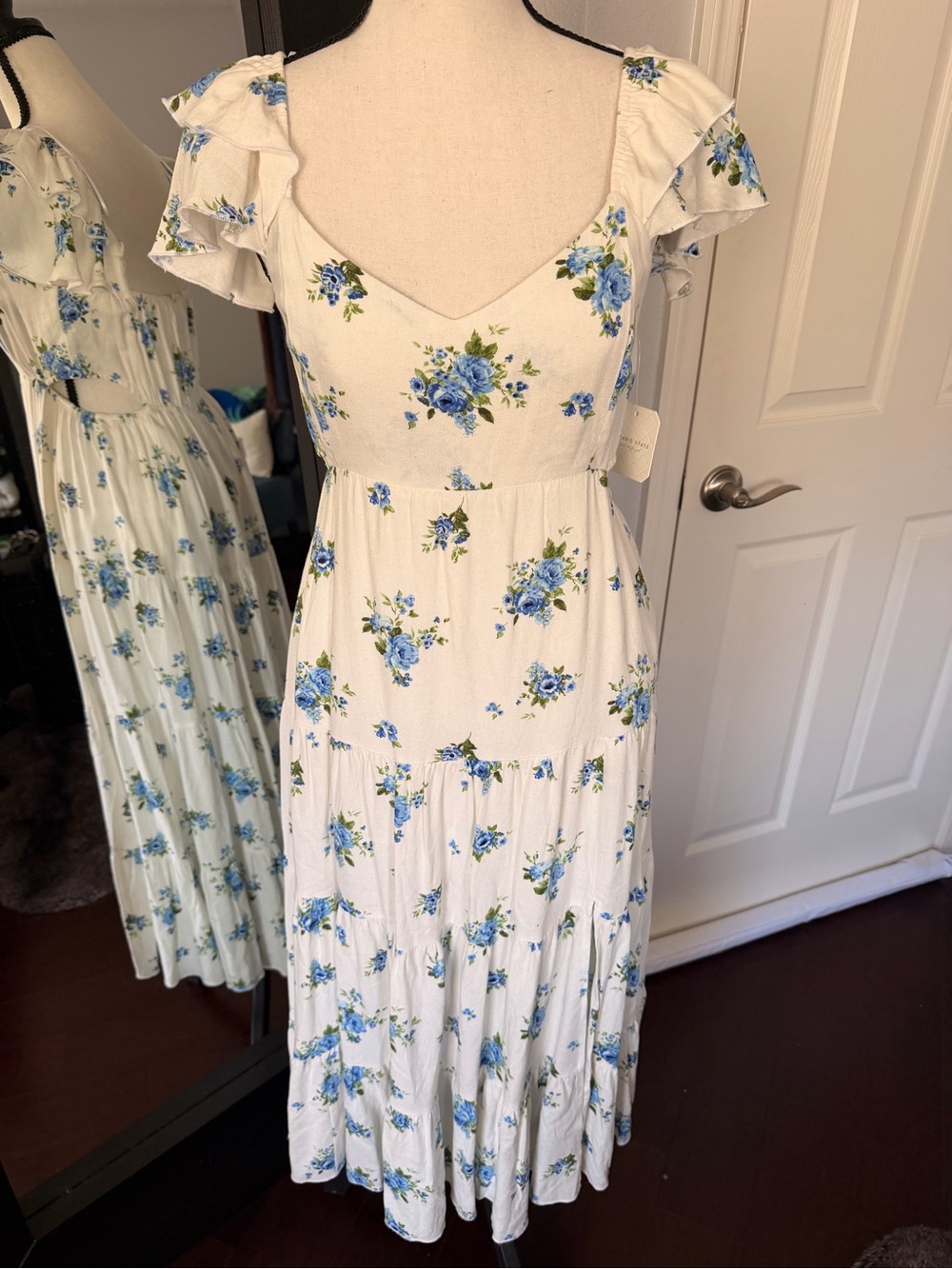 Altar’d State White Floral Ruffle Sleeve Midi Dress in Blue - Picture 1 of 9